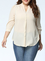 Casual Hollow Out Plain Band Collar Patchwork Plus Size Blouse
