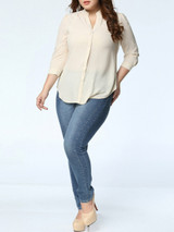 Casual Hollow Out Plain Band Collar Patchwork Plus Size Blouse