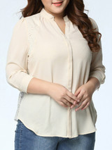 Casual Hollow Out Plain Band Collar Patchwork Plus Size Blouse