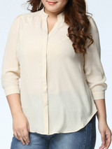 Casual Hollow Out Plain Band Collar Patchwork Plus Size Blouse