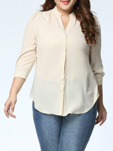 Casual Hollow Out Plain Band Collar Patchwork Plus Size Blouse