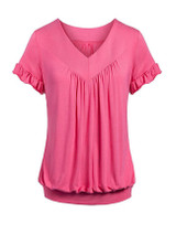Casual V-Neck Plain Plus Size T-Shirt With Ruffle Trim