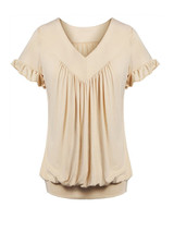 Casual V-Neck Plain Plus Size T-Shirt With Ruffle Trim