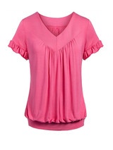 Casual V-Neck Plain Plus Size T-Shirt With Ruffle Trim