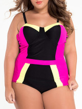 Casual Designed Back Hole Color Block Plus Size One Piece