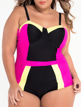 Casual Designed Back Hole Color Block Plus Size One Piece