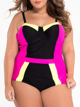 Casual Designed Back Hole Color Block Plus Size One Piece