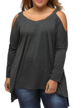 Casual Loose Open Shoulder High-Low Plain Plus Size T-Shirt