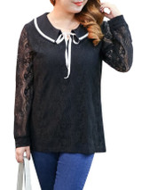 Casual Doll Collar Contrast Trim Hollow Out Plus Size Blouse