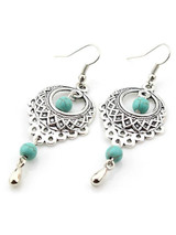 Vintage Ethnic Turquoise Hollow Carved Water Drops Earrings