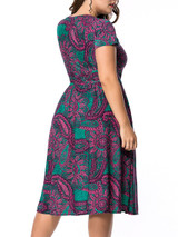 Casual Round Neck Plus Size Flared Dress In Paisley Printed