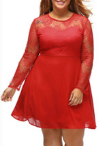 Casual Courtly Solid Patchwork See-Through Plus Size Flared Dress