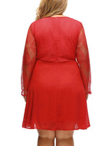 Casual Courtly Solid Patchwork See-Through Plus Size Flared Dress