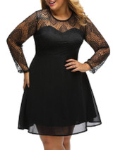 Casual Courtly Solid Patchwork See-Through Plus Size Flared Dress