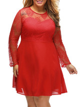 Casual Courtly Solid Patchwork See-Through Plus Size Flared Dress