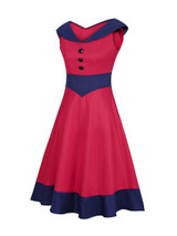 Casual V-Neck Decorative Button Awesome Color Block Plus Size Flared Dress