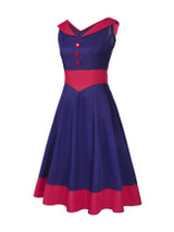 Casual V-Neck Decorative Button Awesome Color Block Plus Size Flared Dress