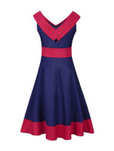 Casual V-Neck Decorative Button Awesome Color Block Plus Size Flared Dress