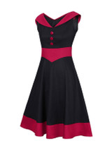 Casual V-Neck Decorative Button Awesome Color Block Plus Size Flared Dress