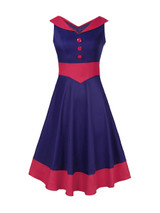 Casual V-Neck Decorative Button Awesome Color Block Plus Size Flared Dress