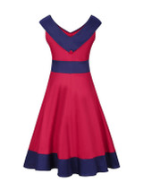 Casual V-Neck Decorative Button Awesome Color Block Plus Size Flared Dress