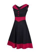 Casual V-Neck Decorative Button Awesome Color Block Plus Size Flared Dress