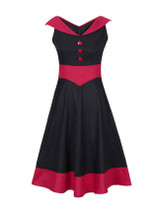 Casual V-Neck Decorative Button Awesome Color Block Plus Size Flared Dress