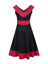 Casual V-Neck Decorative Button Awesome Color Block Plus Size Flared Dress