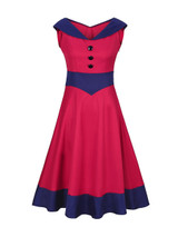 Casual V-Neck Decorative Button Awesome Color Block Plus Size Flared Dress