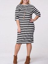 Casual Crew Neck Striped Half Sleeve Plus Size Shift Dress
