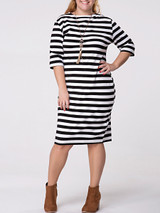 Casual Crew Neck Striped Half Sleeve Plus Size Shift Dress