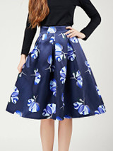 Casual Inverted Pleat Printed Flared Midi Skirt
