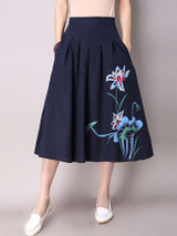 Casual Elastic Waist Pocket Printed Flared Maxi Skirt