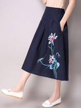 Casual Elastic Waist Pocket Printed Flared Maxi Skirt