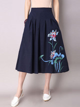 Casual Elastic Waist Pocket Printed Flared Maxi Skirt