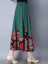Casual Elastic Waist Chinoiserie Printed Flared Maxi Skirt