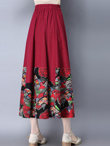 Casual Elastic Waist Chinoiserie Printed Flared Maxi Skirt