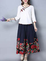 Casual Elastic Waist Chinoiserie Printed Flared Maxi Skirt