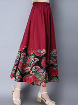 Casual Elastic Waist Chinoiserie Printed Flared Maxi Skirt