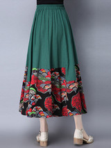 Casual Elastic Waist Chinoiserie Printed Flared Maxi Skirt