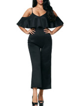 Casual Open Shoulder Flounce Plain Straight Jumpsuit