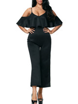 Casual Open Shoulder Flounce Plain Straight Jumpsuit