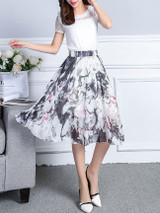 Casual Elastic Waist Printed Flared Chiffon Midi Skirt