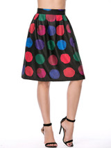 Casual Color Block Polka Dot Elastic Waist Flared Midi Skirt