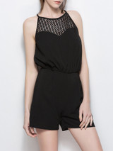 Casual Spaghetti Strap Hollow Out Plain Chiffon Romper