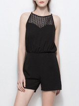 Casual Spaghetti Strap Hollow Out Plain Chiffon Romper