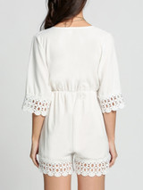 Casual Deep V-Neck Patchwork Hollow Out Plain Straight Romper