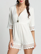 Casual Deep V-Neck Patchwork Hollow Out Plain Straight Romper