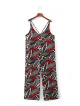 Casual Spaghetti Strap Designed Leaf Printed Straight Jumpsuit