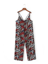 Casual Spaghetti Strap Designed Leaf Printed Straight Jumpsuit